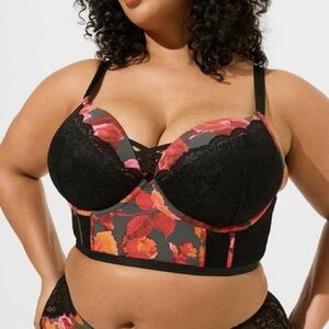 Torrid Black Lace and Retro Rose Floral Print XO Plunge Push-Up Bra Size 42C